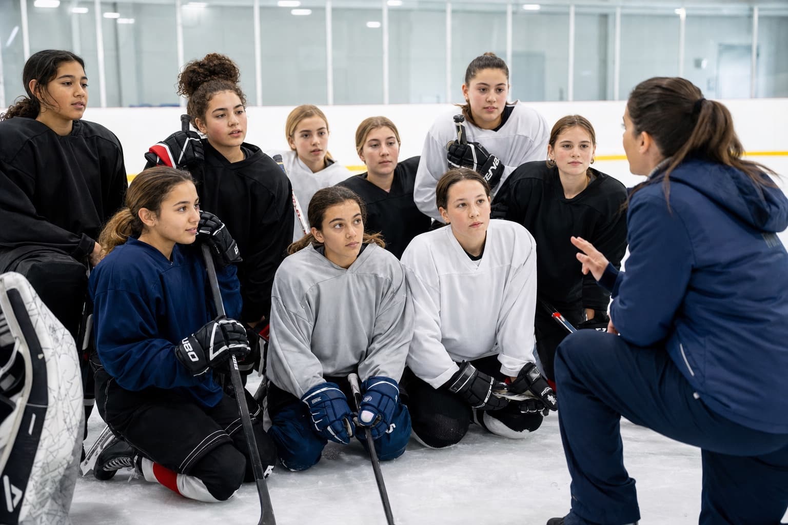 Girls in hockey kit lined up along the boards